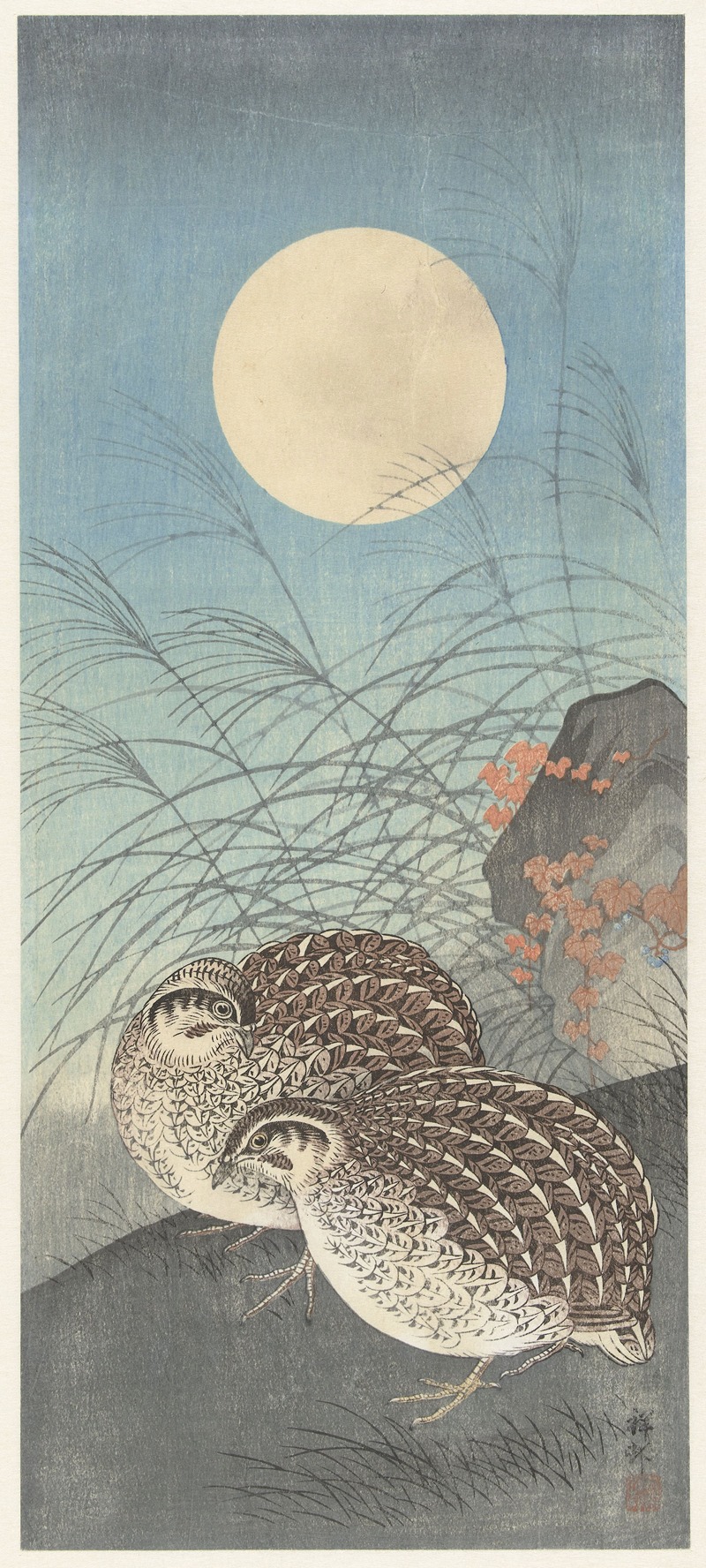 Ohara Koson - Two quail at full moon