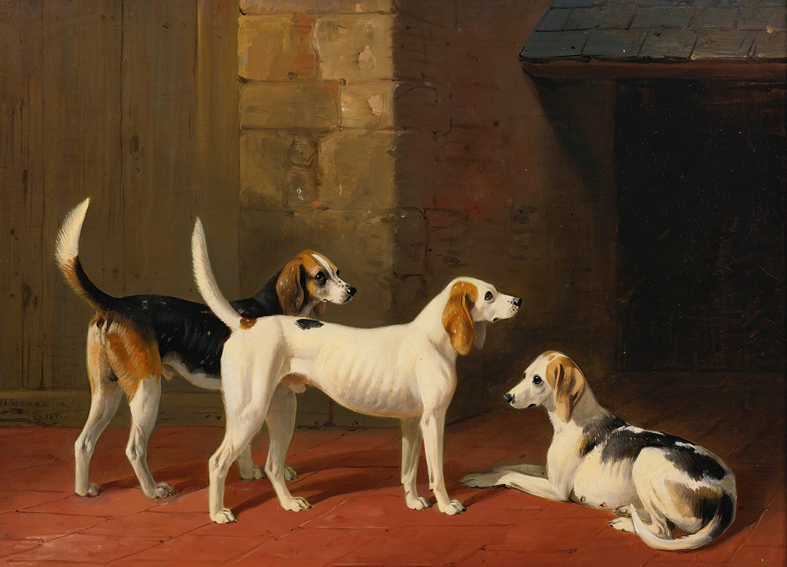 William Barraud - Three Fox Hounds In A Paved Kennel Yard