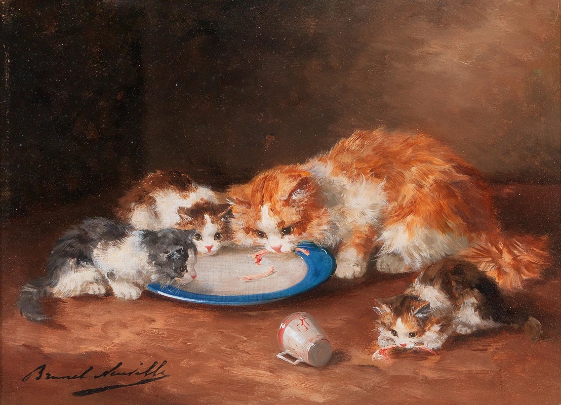 Arthur-Alfred Brunel de Neuville - Mother Cat with Three Kittens
