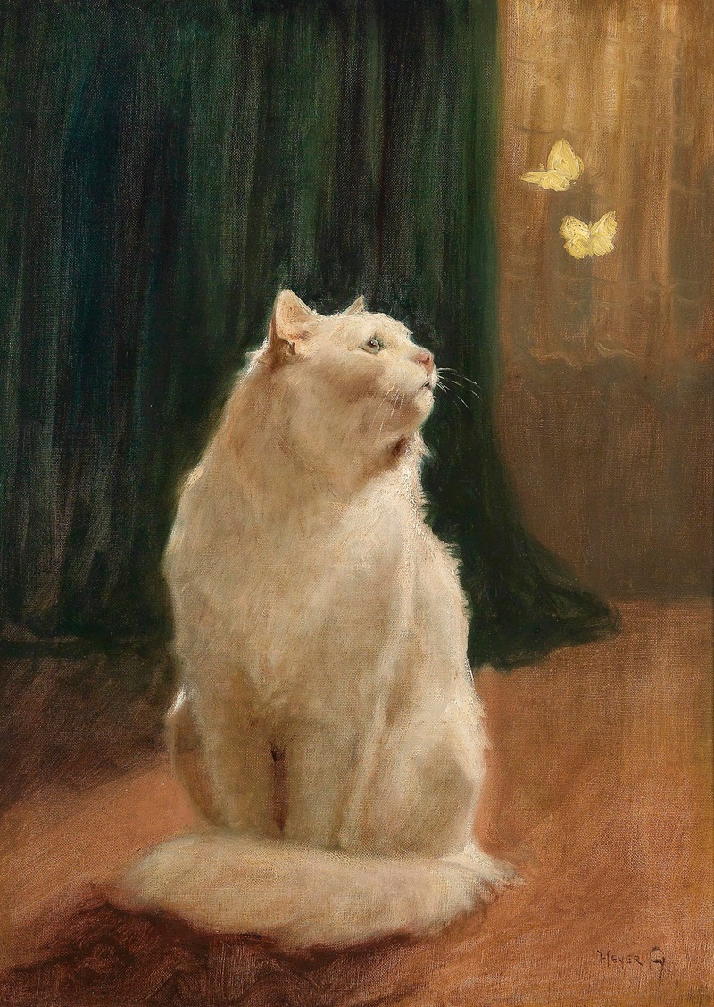 Arthur Heyer - Weiße Katze und zwei Zitronenfalter