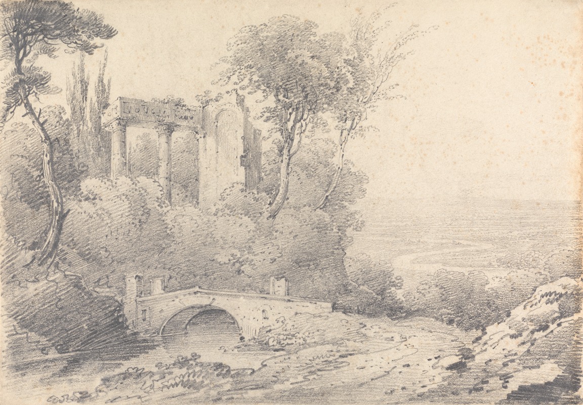 Henry William Burgess - Landscape with Ruins and Bridge