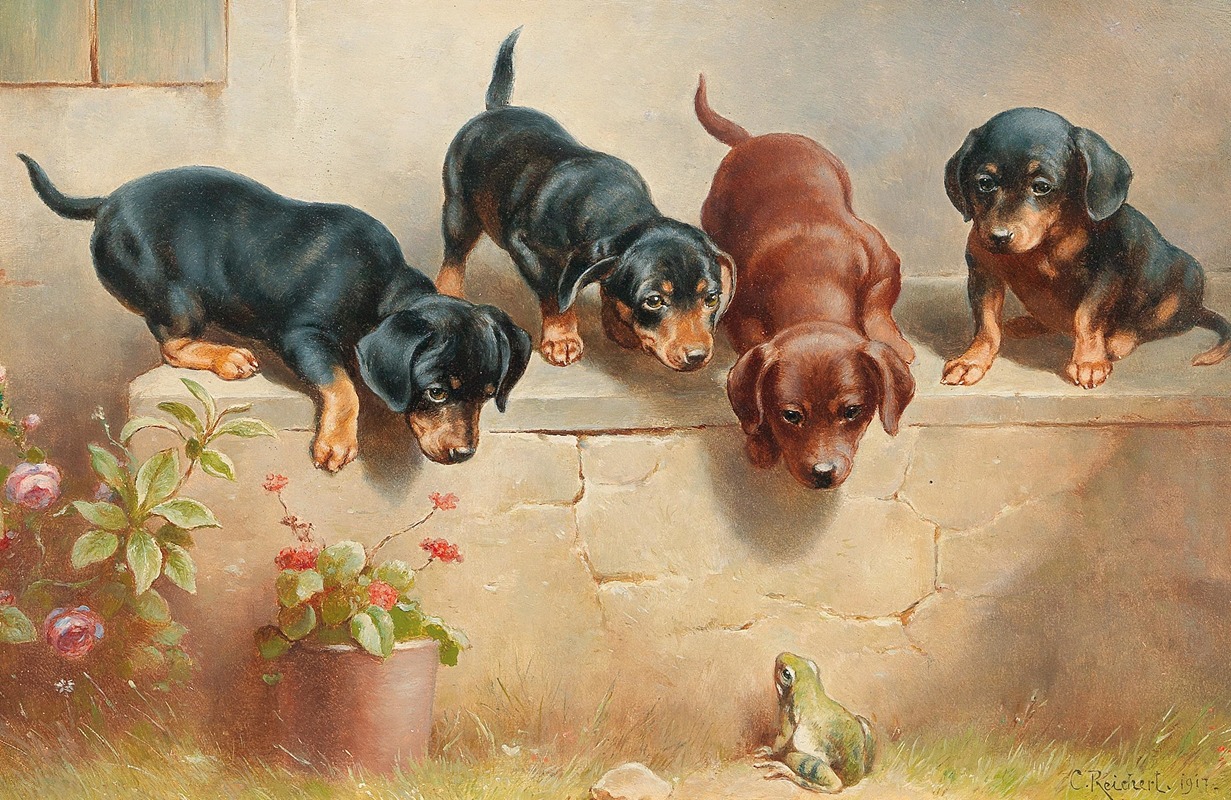 Carl Reichert - Curious dachshund puppies and a frog