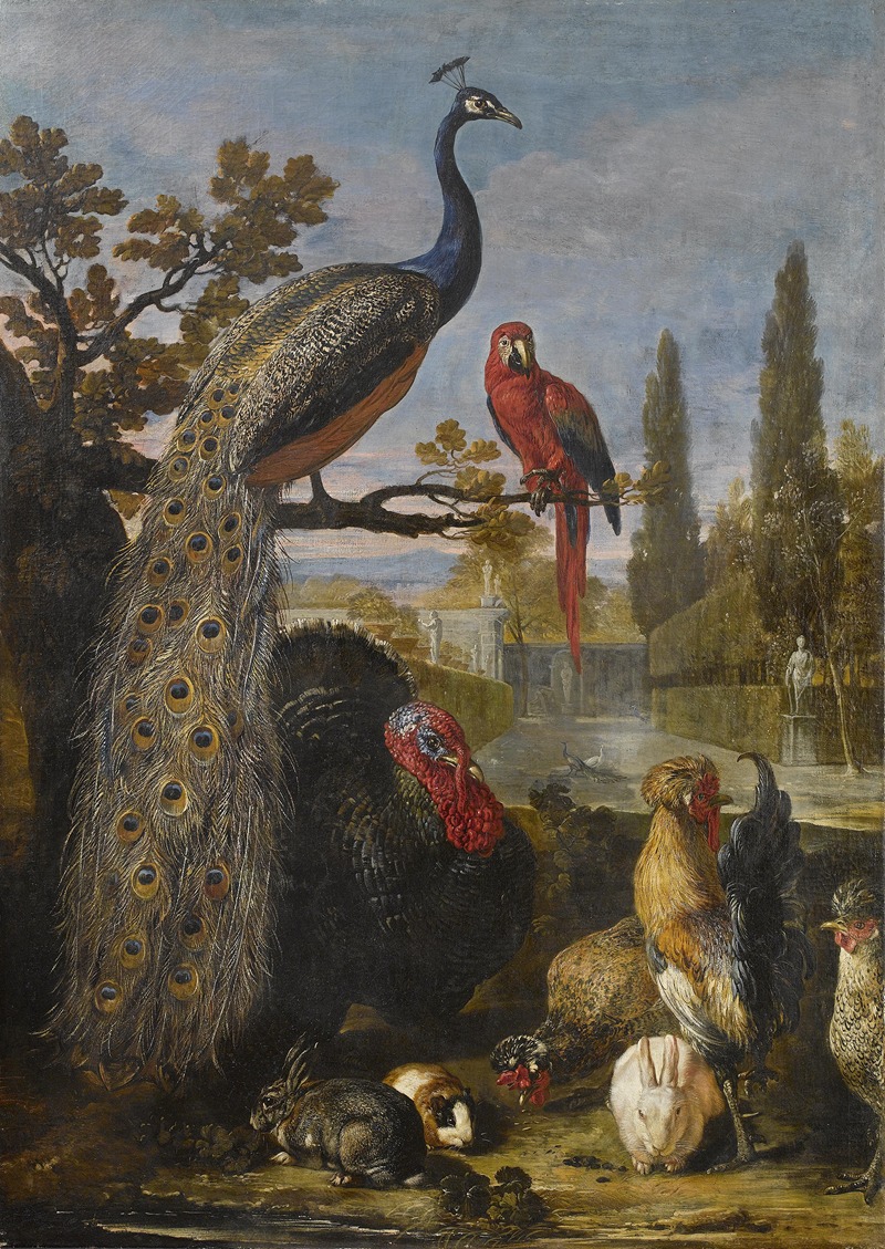 David de Coninck - Een pauw, een papegaai, kalkoenen, hanen, konijnen en een cavia in een park