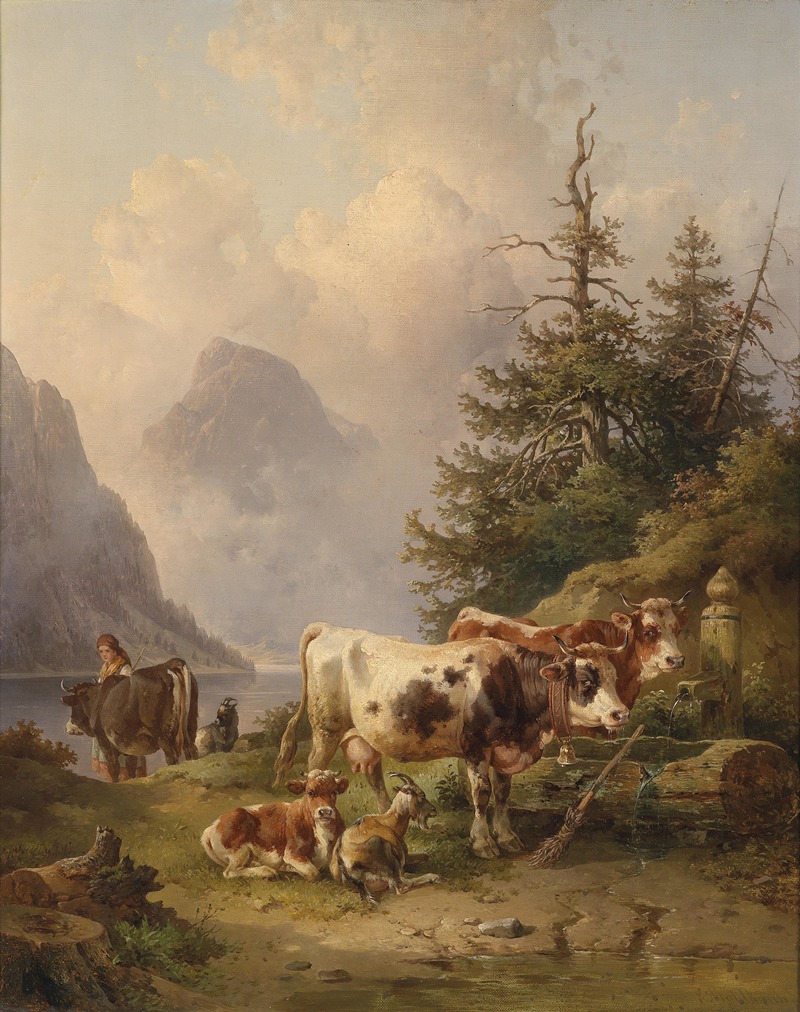 Edmund Mahlknecht - Viehherde mit Hirtin am Seeufer