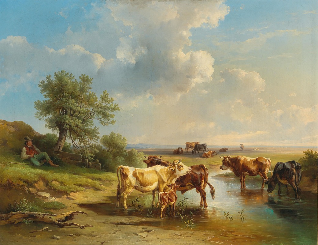 Edmund Mahlknecht - Herdsman with Herd of Cows on the Banks of the Stream