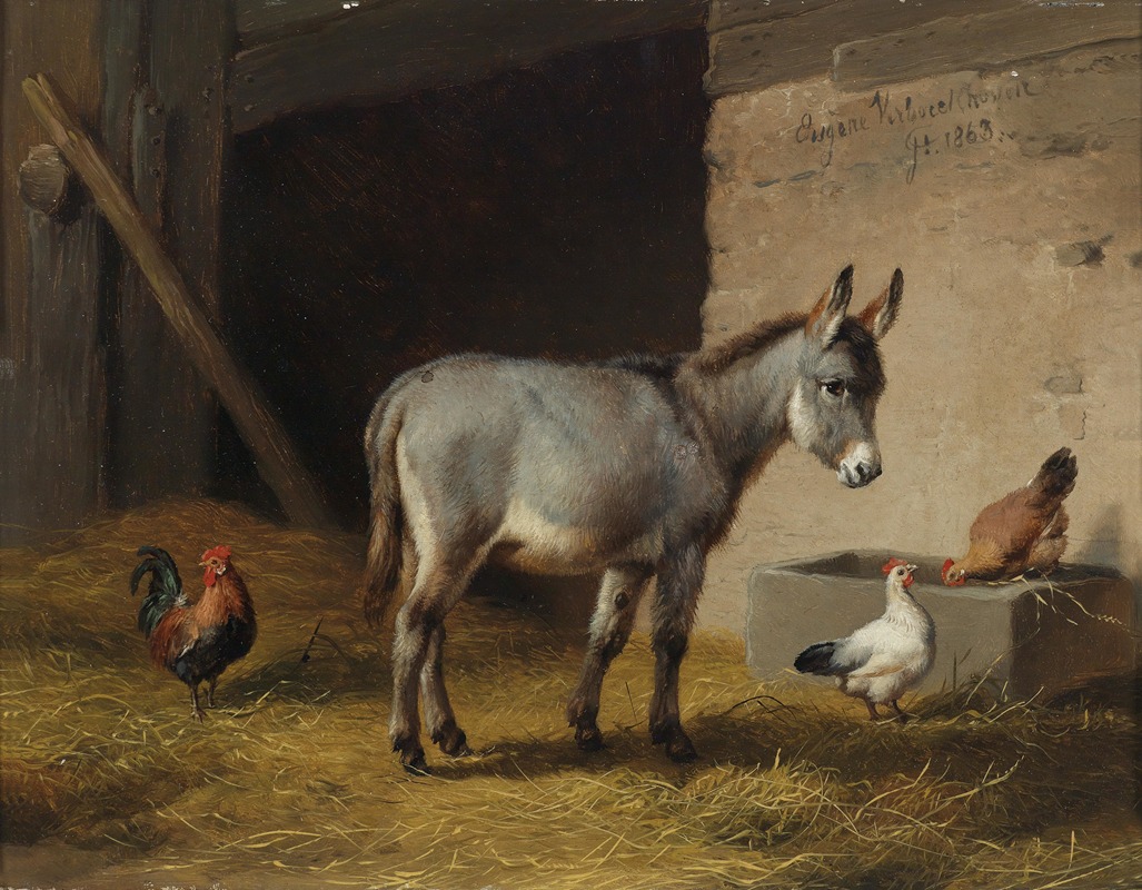 Eugène Joseph Verboeckhoven - Esel und Hühner im Stall