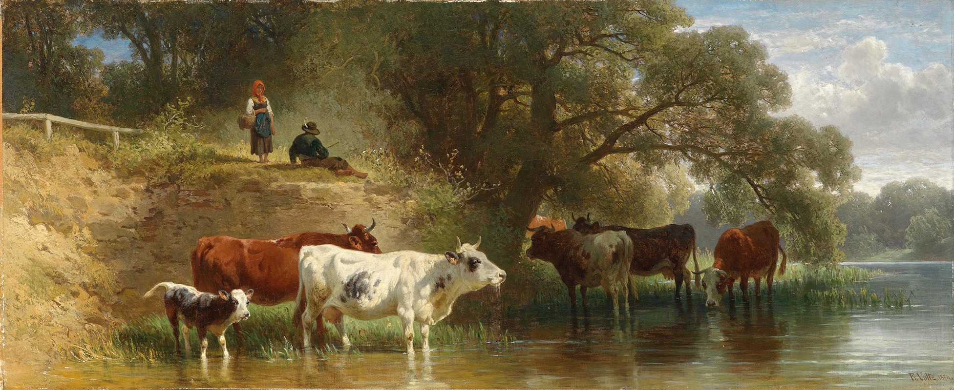 Friedrich Voltz - Weidende Kühe am Fluss mit Hirten