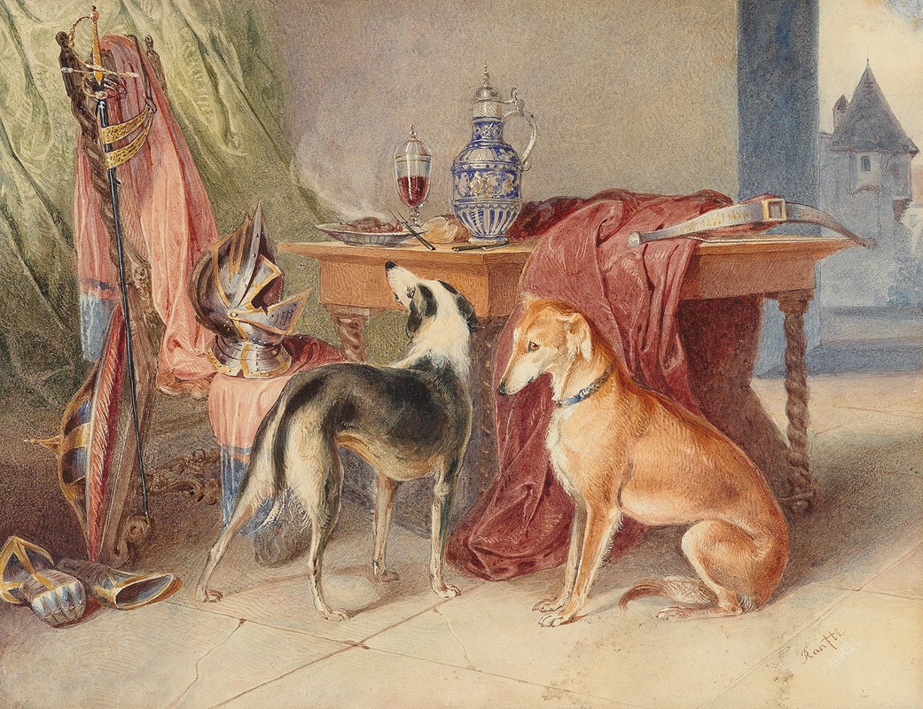 Johann Matthias Ranftl - An interior with greyhounds and a still-life with pieces of armour
