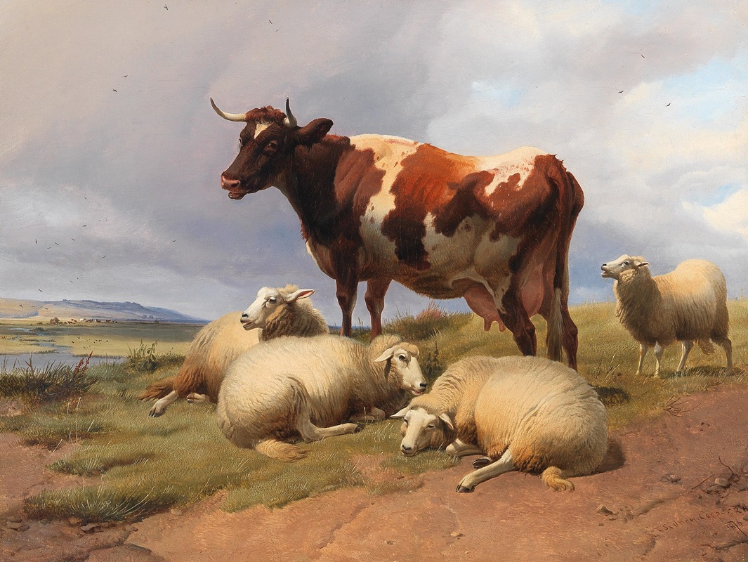 Thomas Sidney Cooper - Cattle and sheep in a meadow in a vast landscape