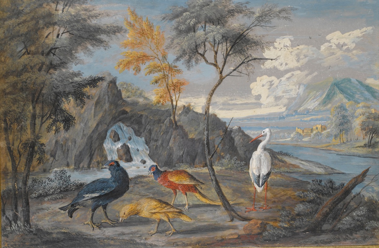Willem van Royen II - A stork, a pheasant, a blackcock and another bird in a landscape