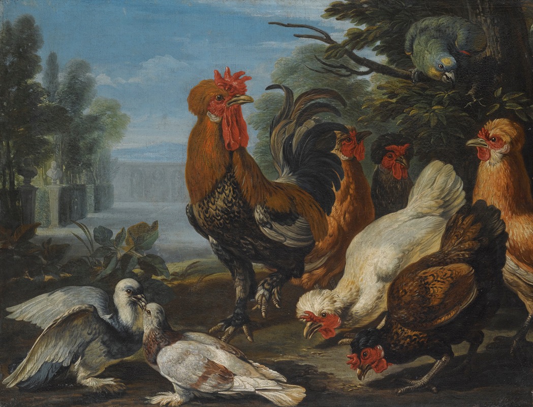 David de Coninck - Ducks, Guinea Pigs And A Rabbit In A Wooded Landscape Beside A Lake