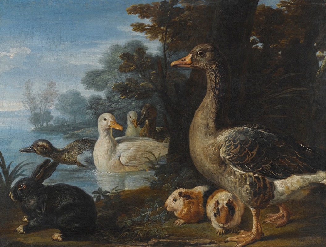 David de Coninck - A Cockerel, Hens, Doves And A Parrot In A formal Garden Setting