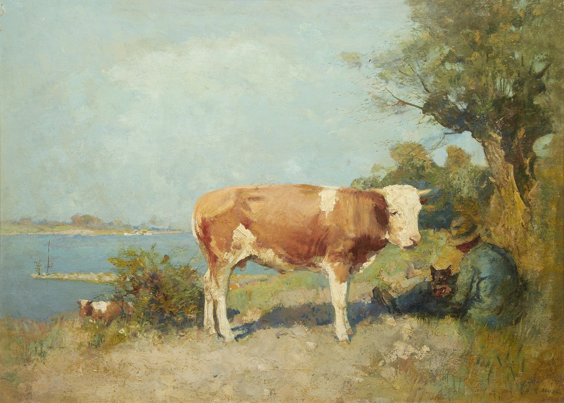 Gari Melchers - Landscape With A Cow And A Herdsman Resting