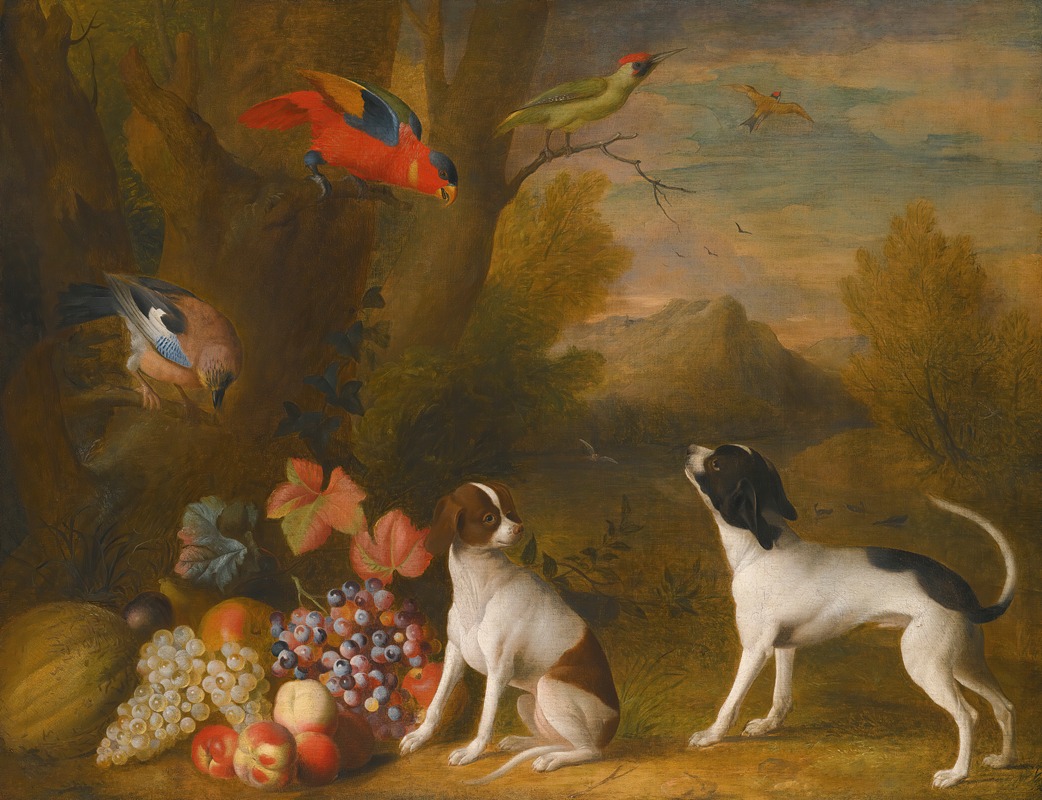 Jakob Bogdány - Landscape With Exotic Birds And Two Dogs