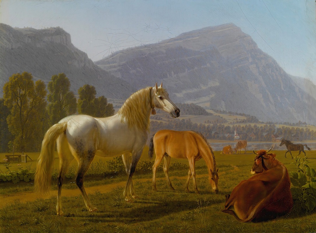 Johann Jakob Biedermann - Alpine Landscape With Horses