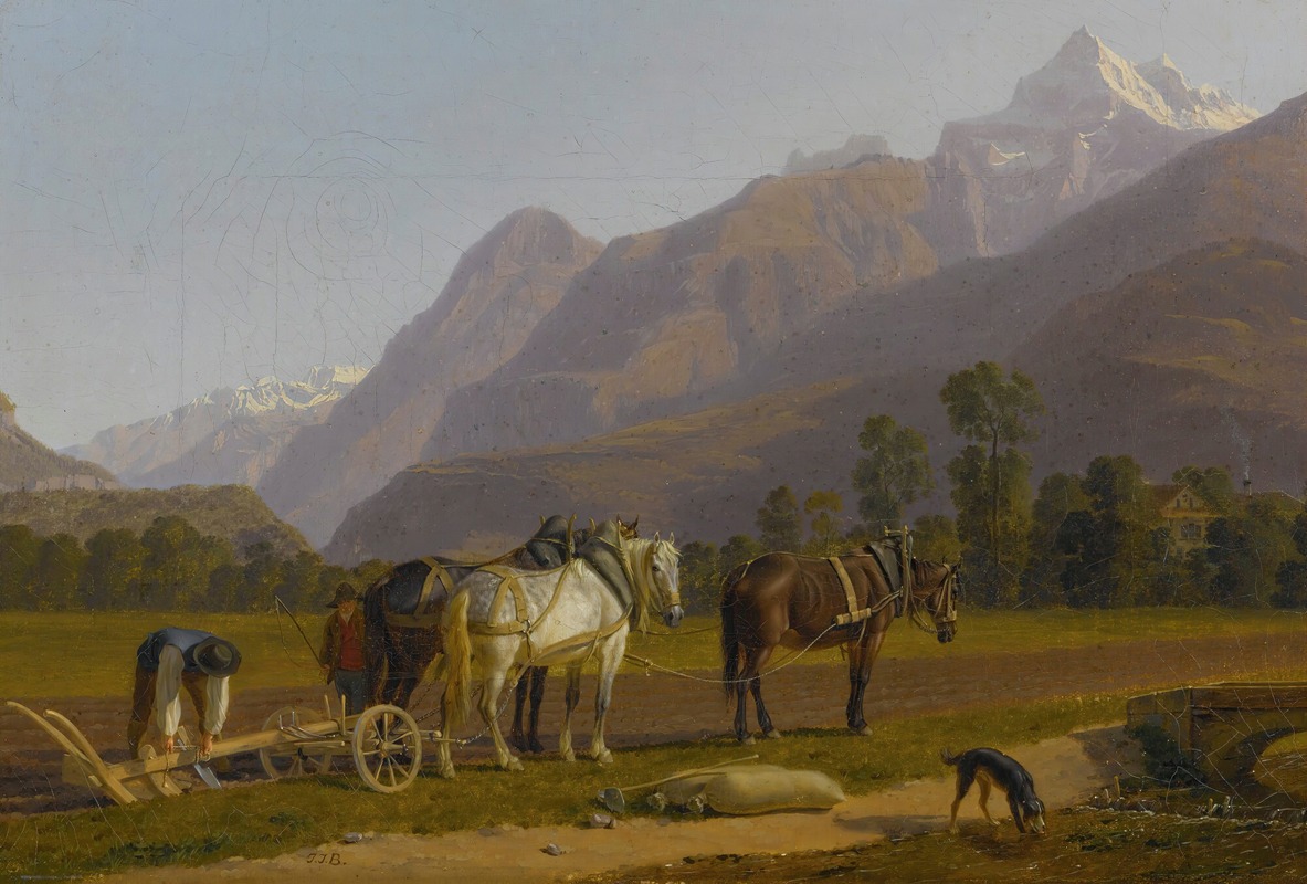 Johann Jakob Biedermann - Landscape With Ploughmen And Horses In The Canton Of Valais