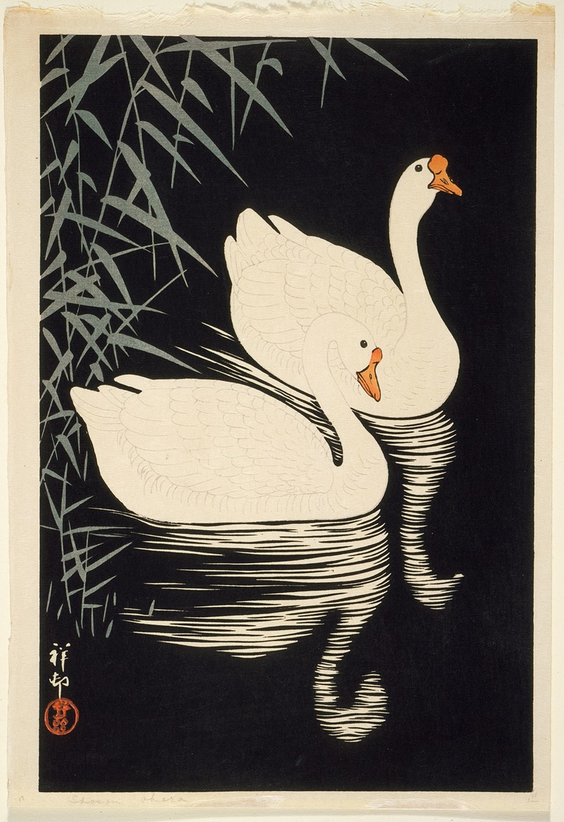 Ohara Koson - White Chinese Geese Swimming By Reeds