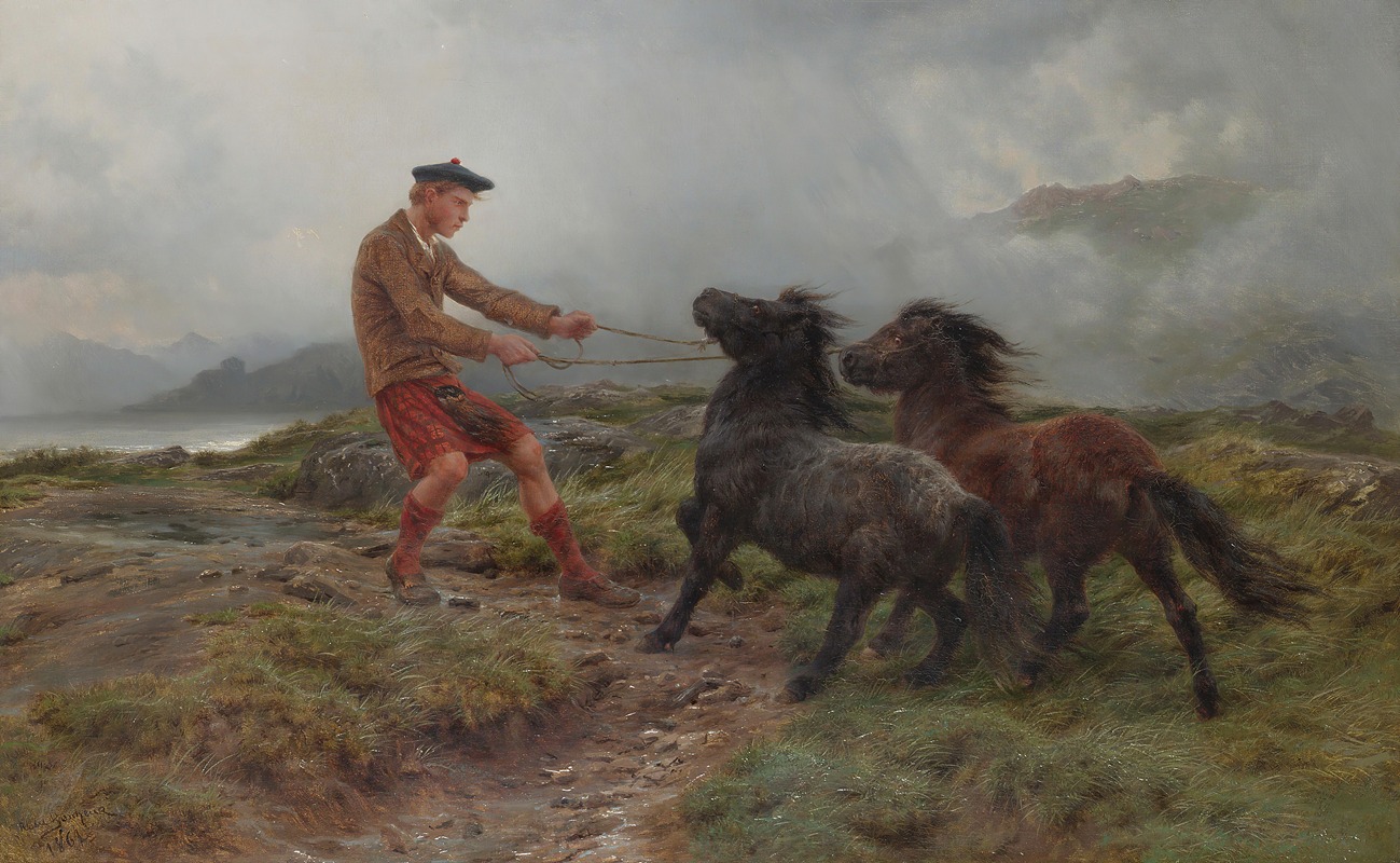 Rosa Bonheur - A Ghillie And Two Shetland Ponies In A Misty Landscape
