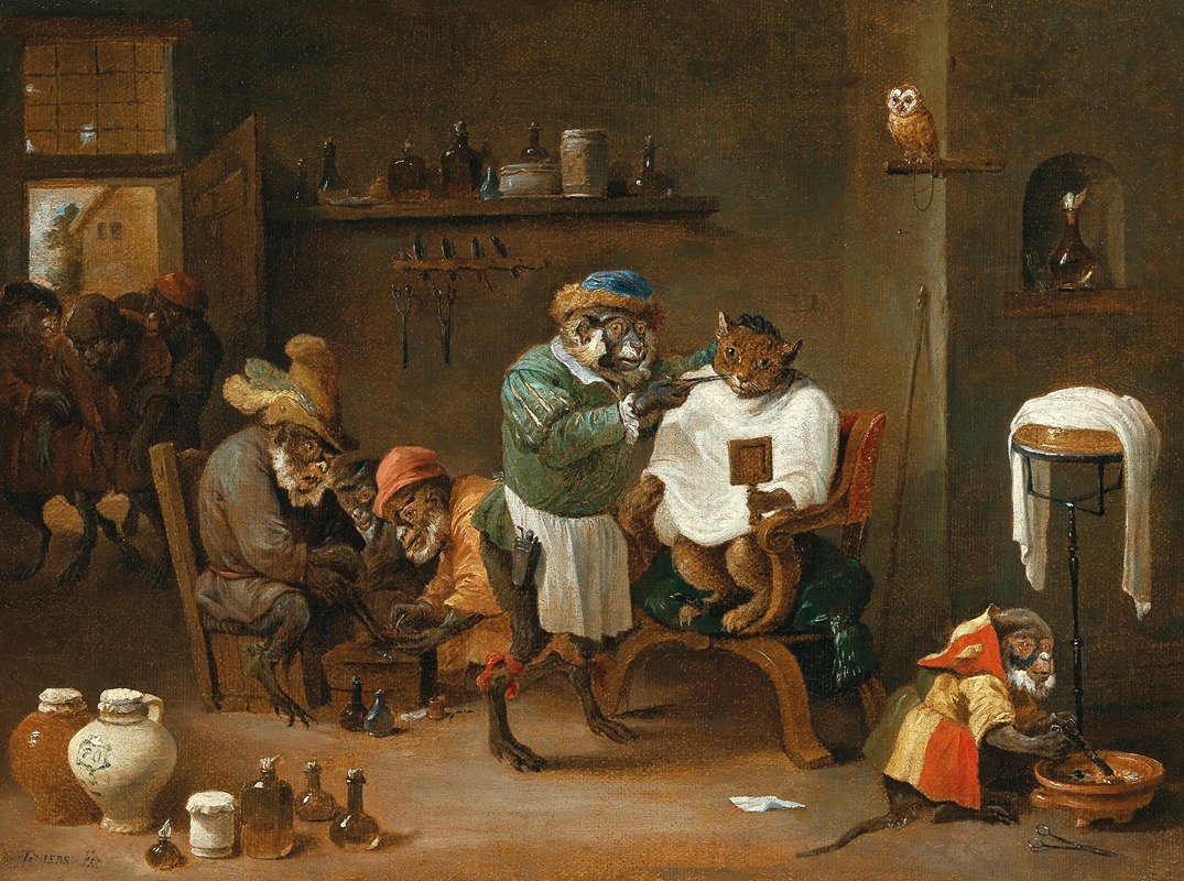 Abraham Teniers - A cat in a barber shop, run by monkeys