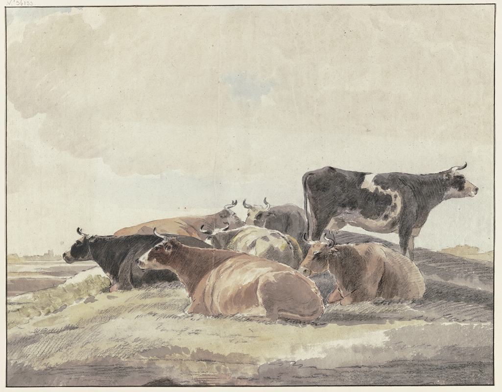 Andries Vermeulen - Auf einem Hügel sechs liegende und eine stehende Kuh