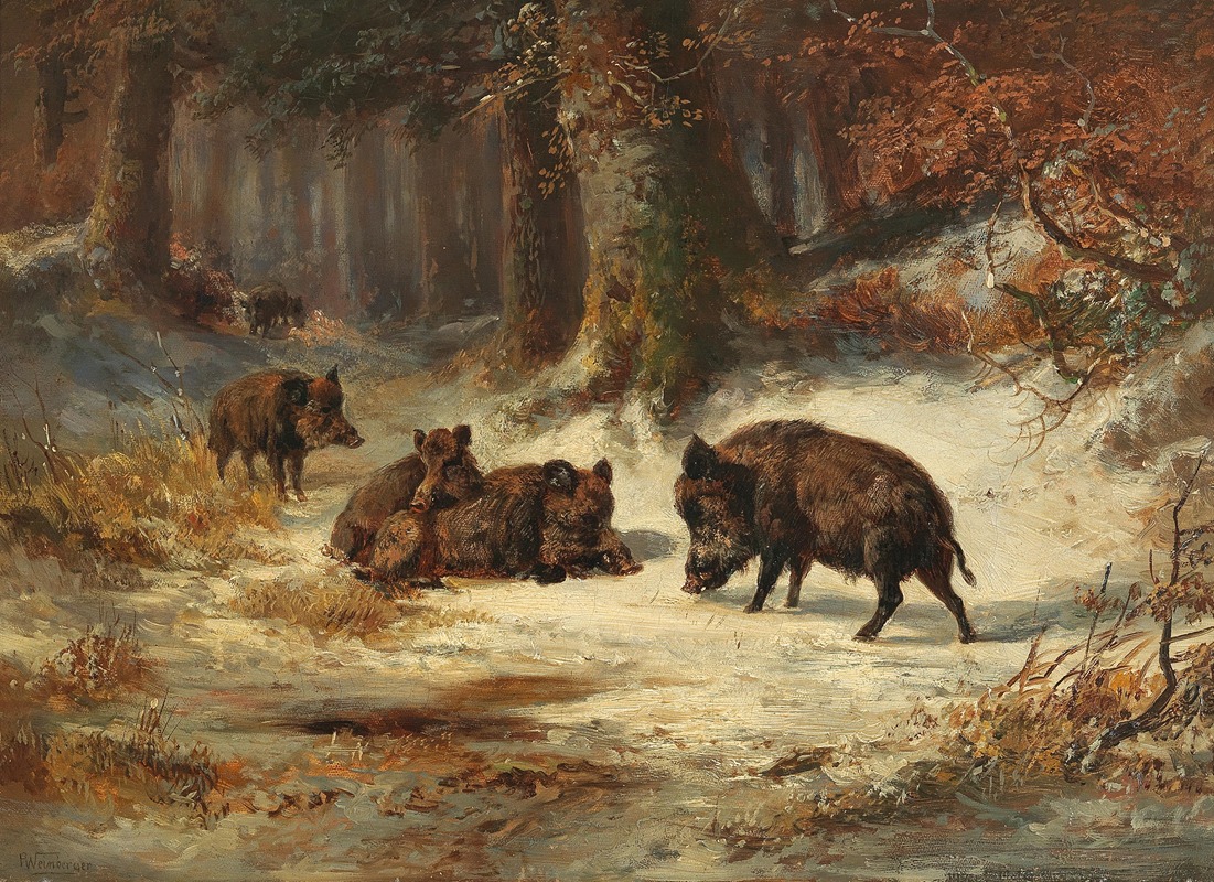 Anton Weinberger - Wild Boars in a Wintry Forest