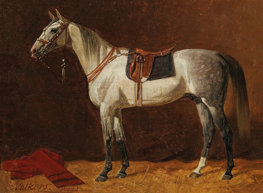 Emil Volkers - A Saddled White Horse in a Stable
