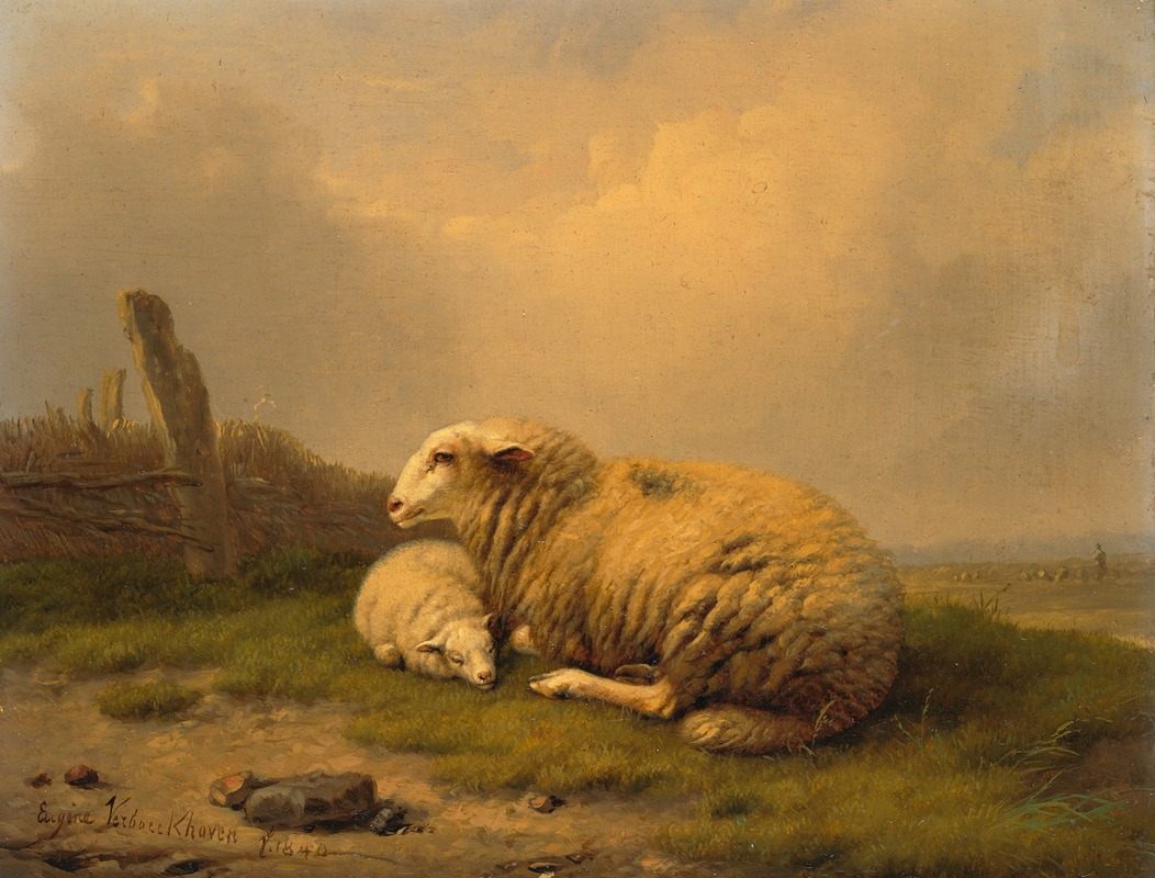 Eugène Joseph Verboeckhoven - A resting sheep and a lamb
