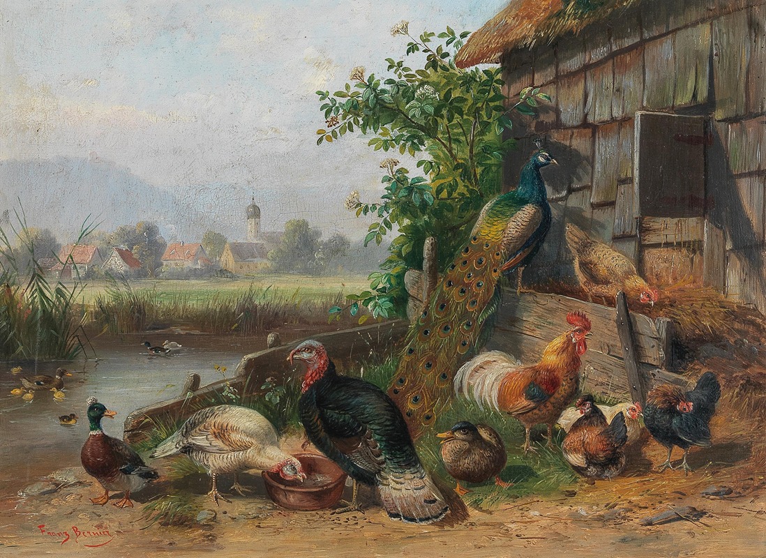 Franz Bernier - Poultry at the Pond, in the background a Village