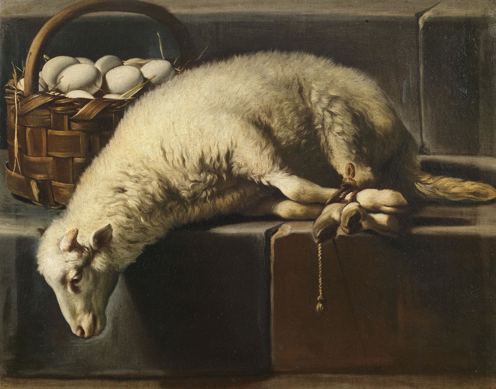 Giovanni Battista Recco - A ligated lamb besides a basket of eggs, an Allegory of Easter