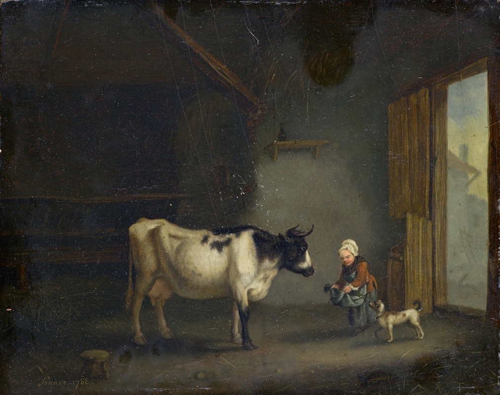 Jacques Albert Senave - Girl with Cow in a Stable