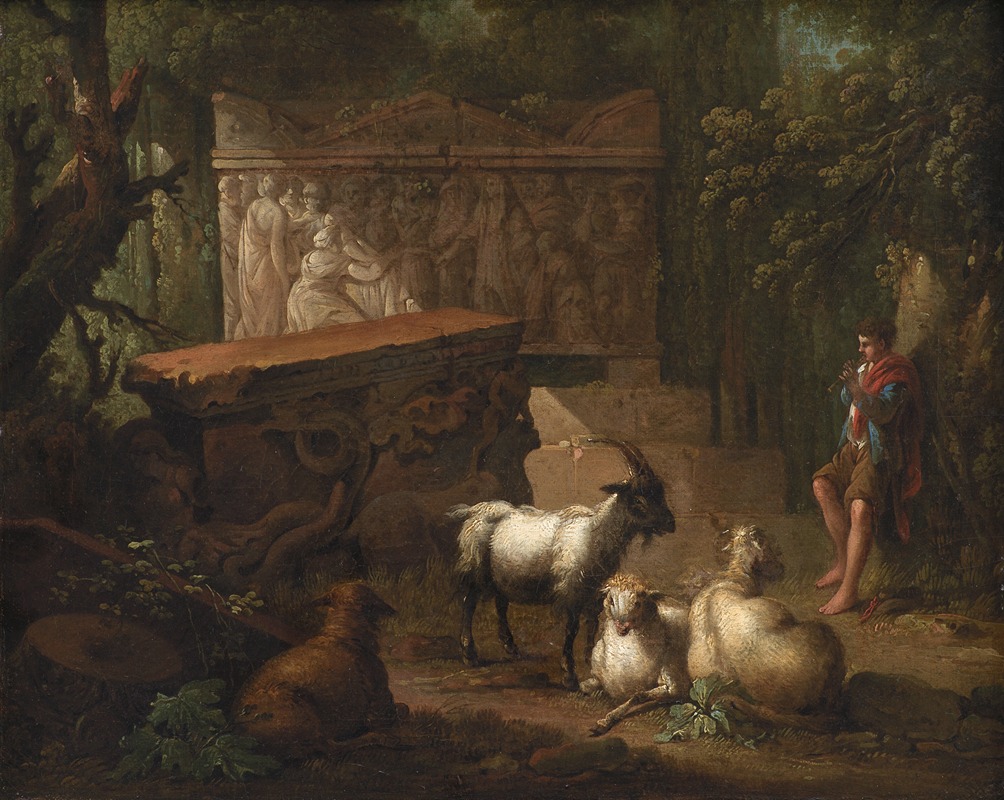 Johan Mandelberg - Antikke ruiner omgivet af træer, i forgrunden en hyrde og nogle geder