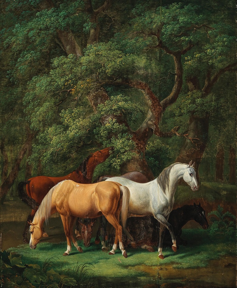 Johann Baptist Dallinger von Dalling - Horses Grazing under Oak Trees