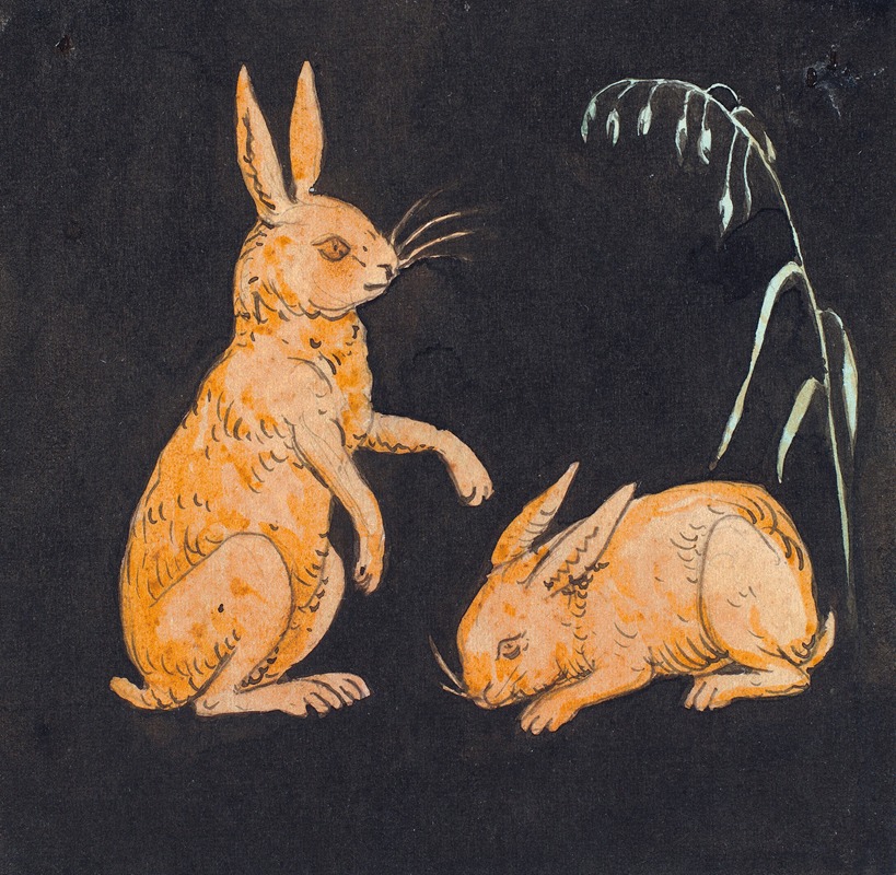 P. C. Skovgaard - To harer (kaniner) på sort baggrund. Dekorativt udkast