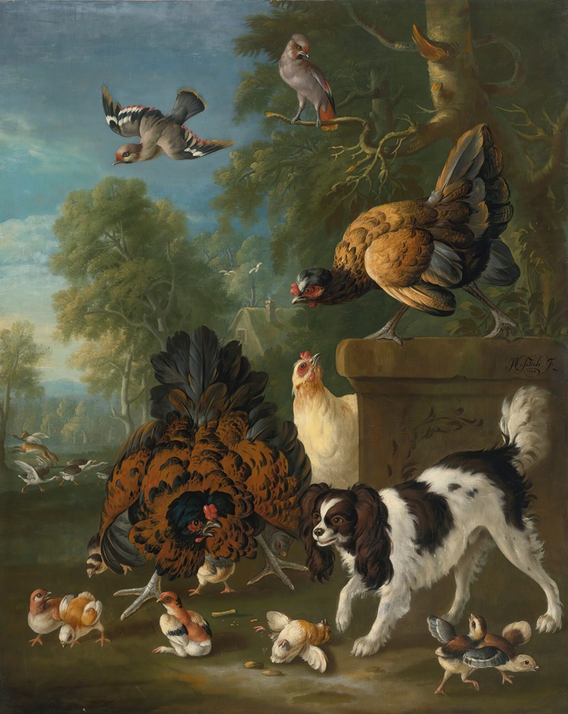 Pieter Casteels III - A Family Of Chickens Fending Off A Spaniel In A Landscape