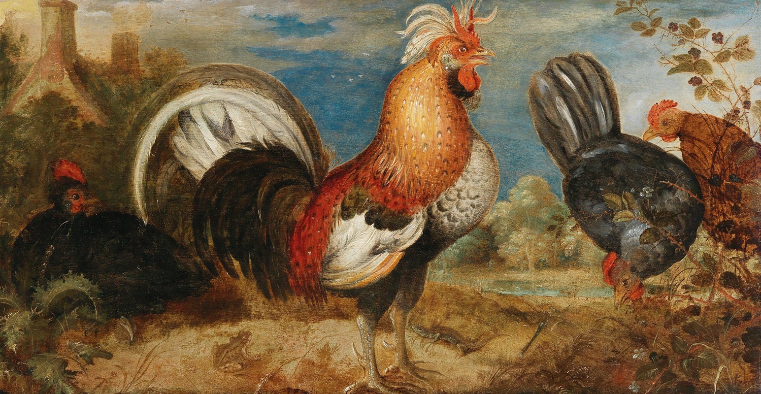 Roelant Savery - A rooster and chicken in a landscape