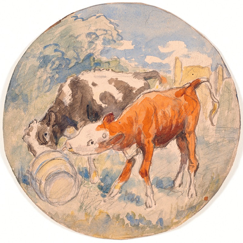 Theodor Philipsen - To kalve i det fri, slikkende en væltet mælkebøtte (udkast til keramisk fad)
