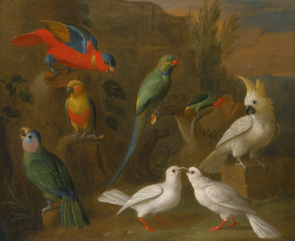 Circle of Tobias Stranover - A Landscape With Exotic Birds Including Parrots, Parakeets, Turtle Doves And Cockatoos