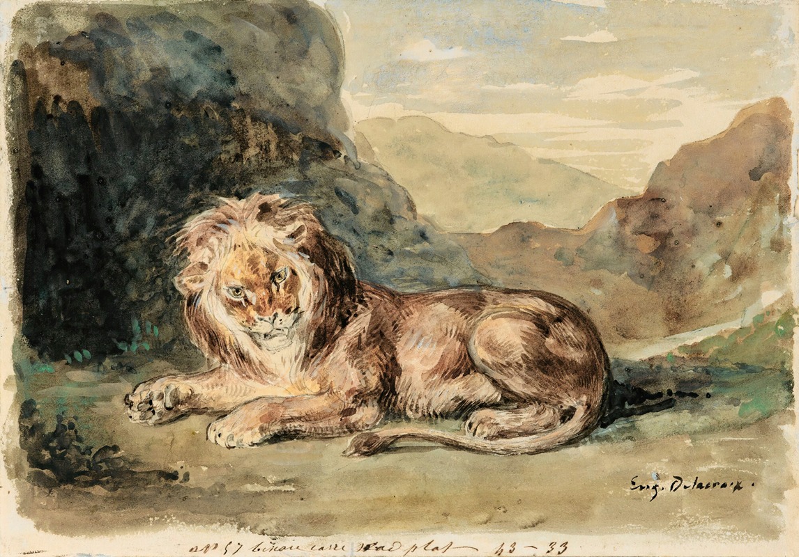 Eugène Delacroix - Lying Lion In A Landscape