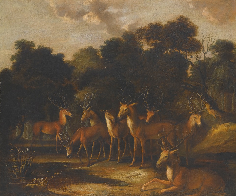 French School - Deer Standing In A Clearing At A Waterhole