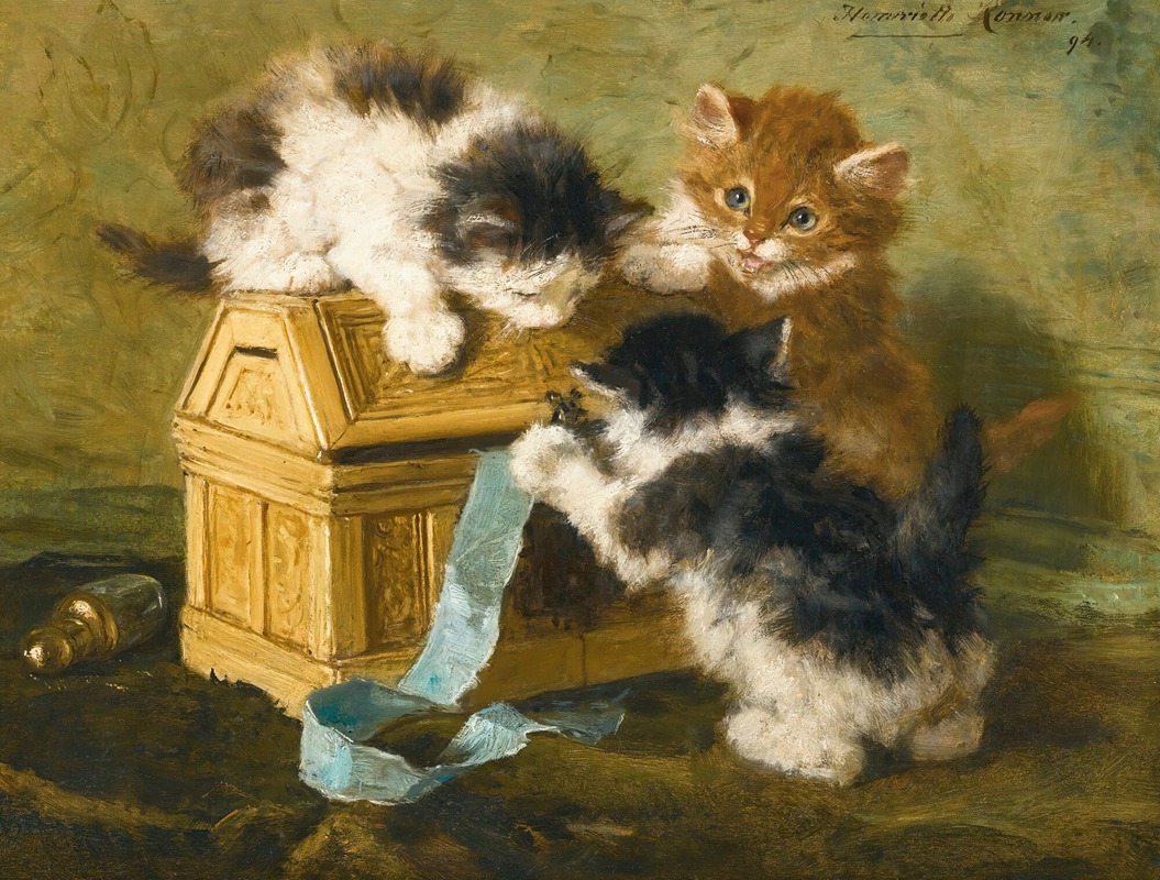Henriëtte Ronner-Knip - Three Kittens With A Casket And Blue Ribbon