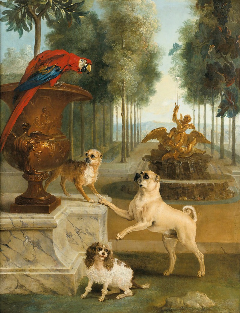 Jean-Baptiste Oudry - Three Dogs And A Macaw In A Park