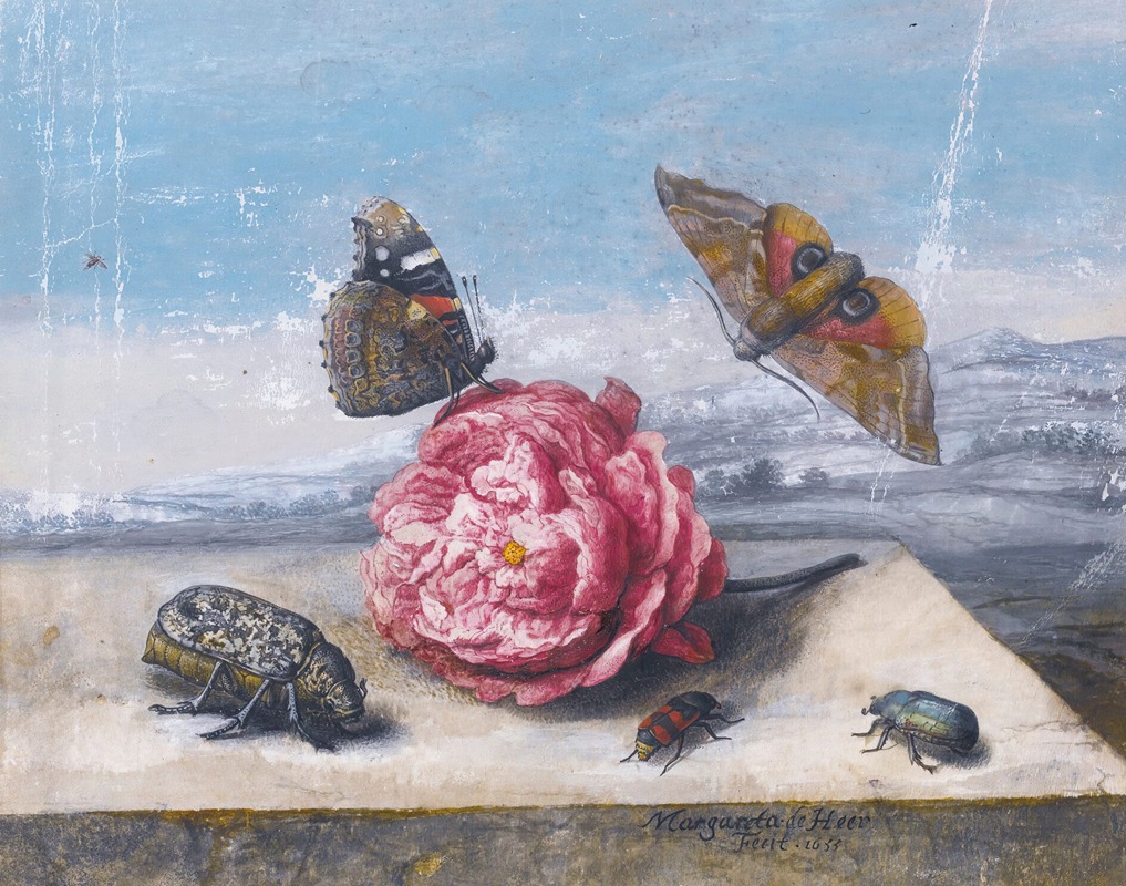 Margareta de Heer - Still Life With Insects Around A Rose On A Stone Ledge