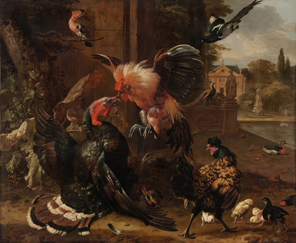Melchior d'Hondecoeter - A Rooster and Turkey Fighting
