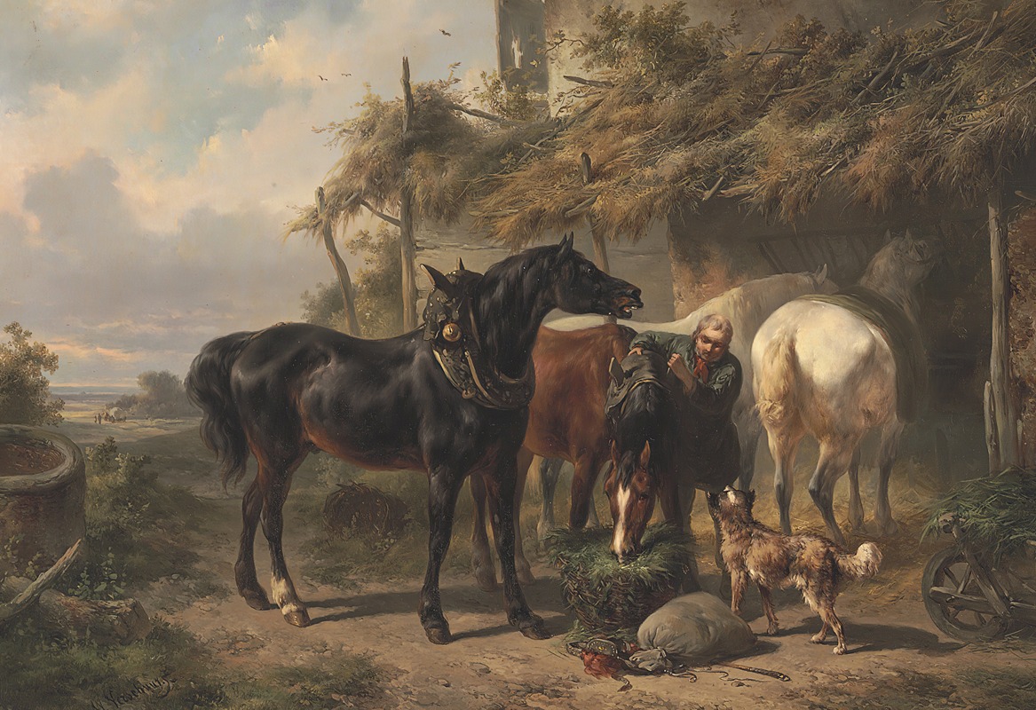 Wouterus Verschuur - Horses Outside A Stable