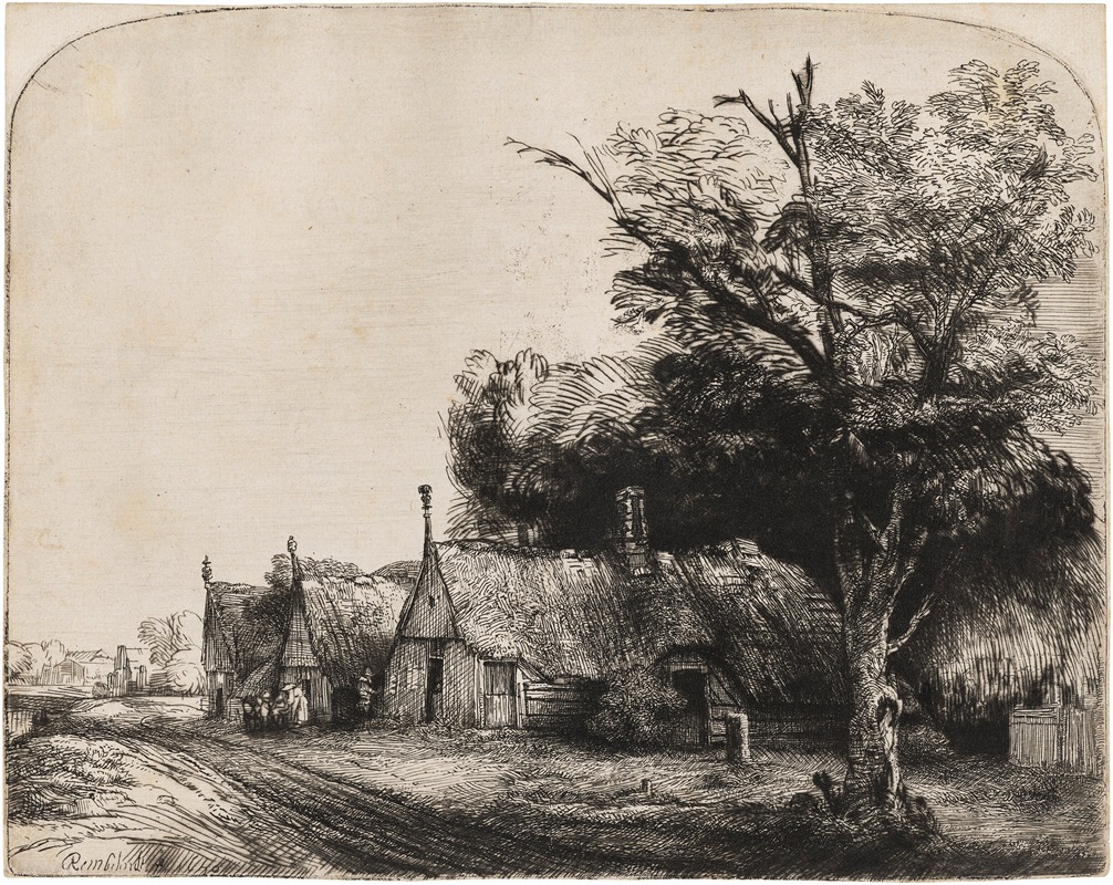 Rembrandt van Rijn - Landscape with three gabled Cottages beside a Road