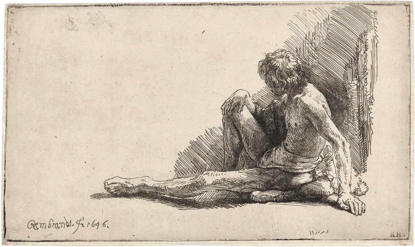 Rembrandt van Rijn - Nude Man seated on the Ground with one Leg extended