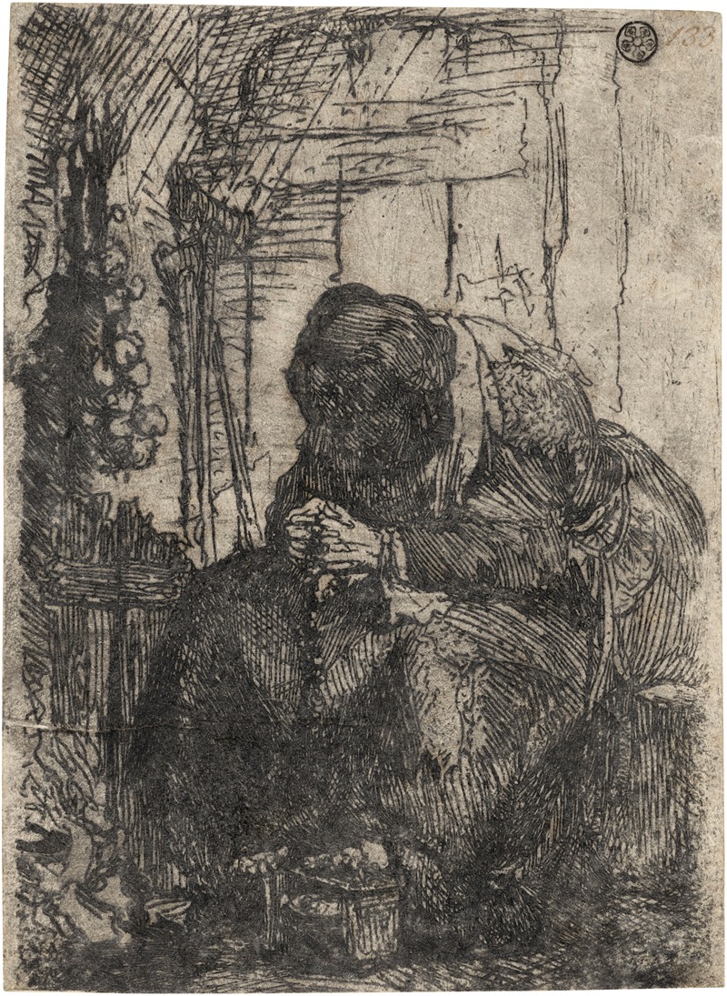 Rembrandt van Rijn - Old Woman seated in a Cottage with a String of Onions on the Wall