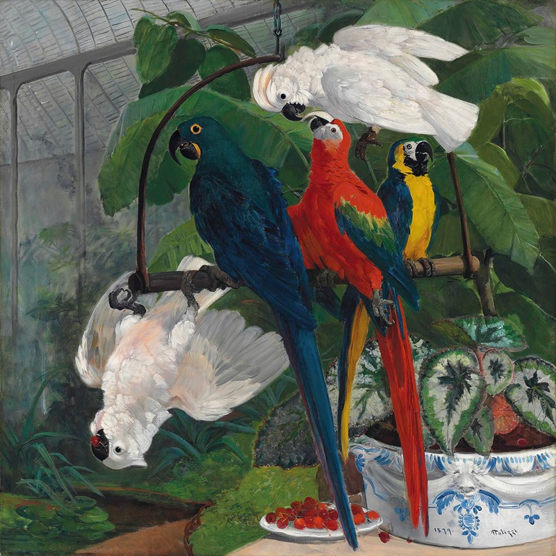 Filippo Palizzi - Parrots in a tropical glasshouse