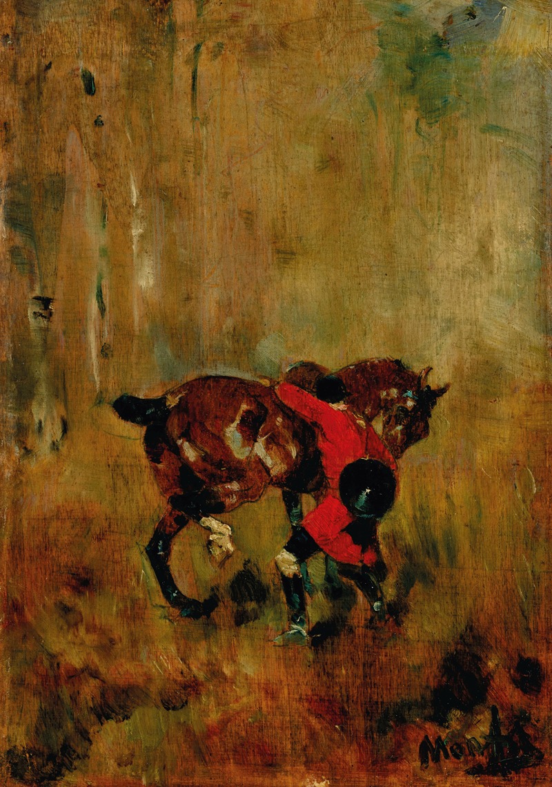 Henri de Toulouse-Lautrec - Cavalier de chasse à courre ressanglant son cheval