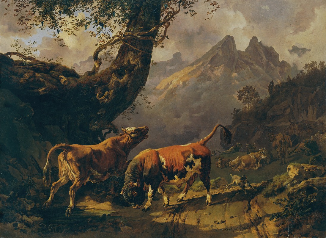 Johann Nepomuk Rauch - Stier, eine Kuh verfolgend, im Hintergrund Landschaft bei Carrara